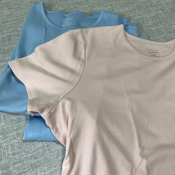 LL Bean 3 Cotton T-Shirt's Petite Long/Short Sleeve Baby Blue Pastel Pink Large - Picture 2 of 5